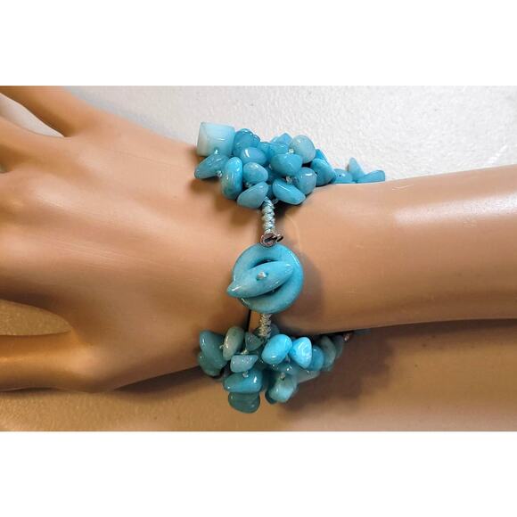 Multistrand Turquoise Glass Statement Toggle Clasp Chunky Bracelet Boho Y2K 8" - Picture 2 of 6